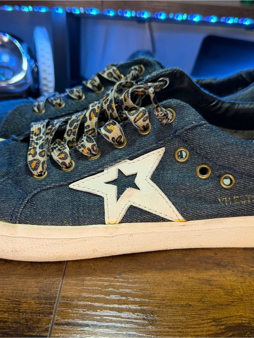Vintage Denim Star Sneakers with Leopard Laces